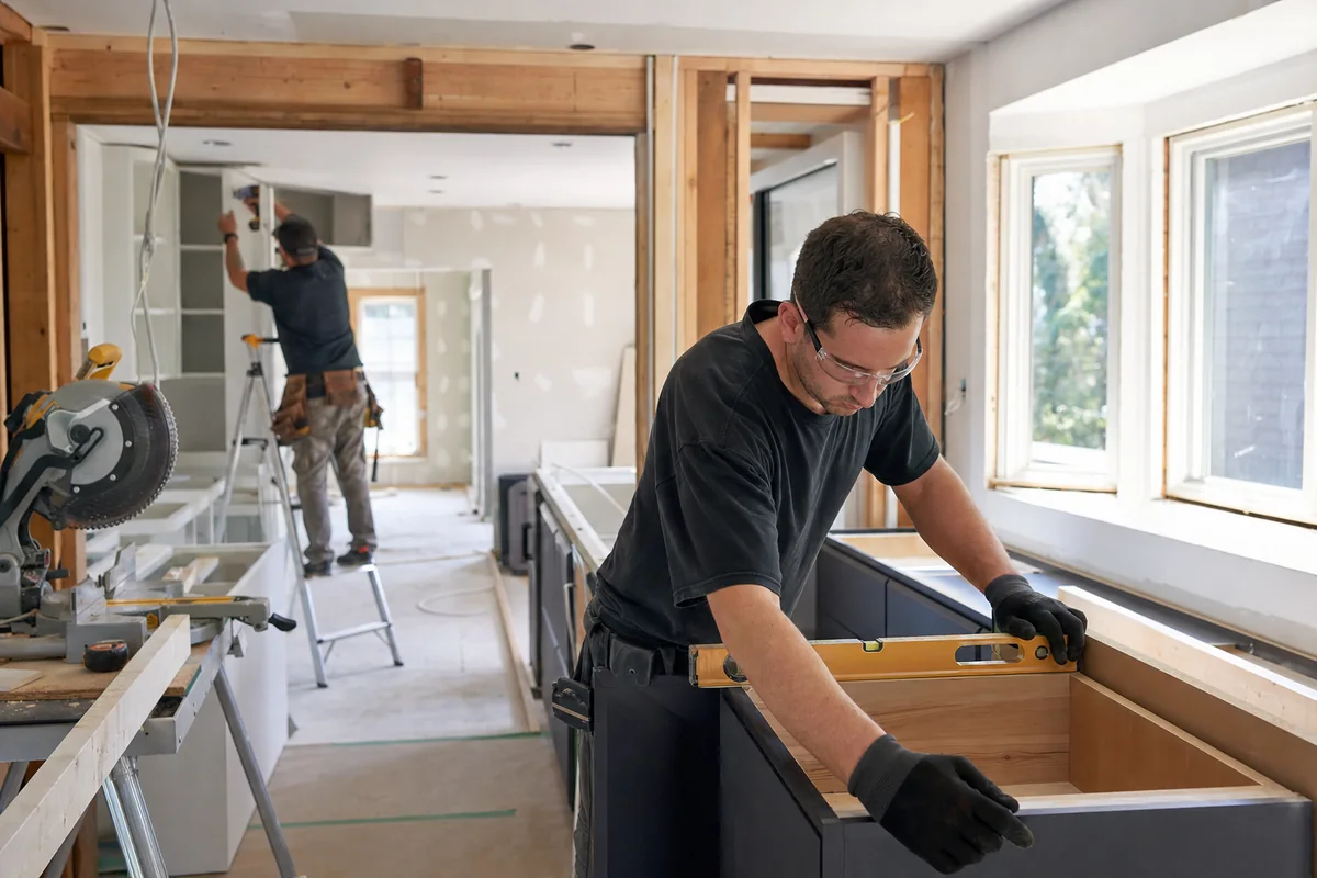 Tradespeople completing precise interior renovation work