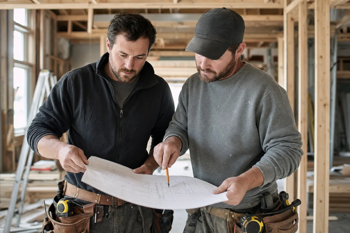 Contractors reviewing residential plans at a framed renovation site